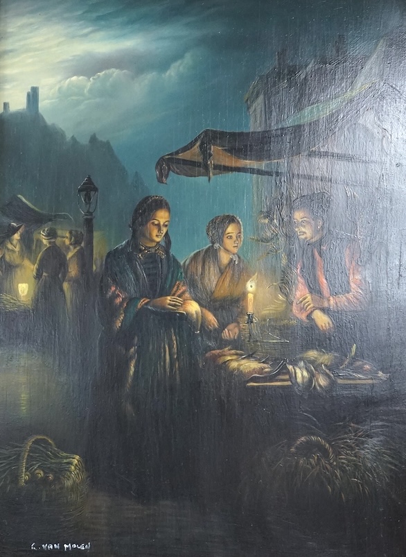 R. van Molen (Dutch, circa 1930's), pair of oils on board, 'Street vendors by candlelight', each signed, 38 x 28cm, ornate gilt frame.